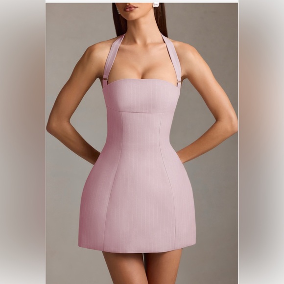 Pinstripe Halterneck Structured A-Line Mini Dress in Mauve - Picture 3 of 3